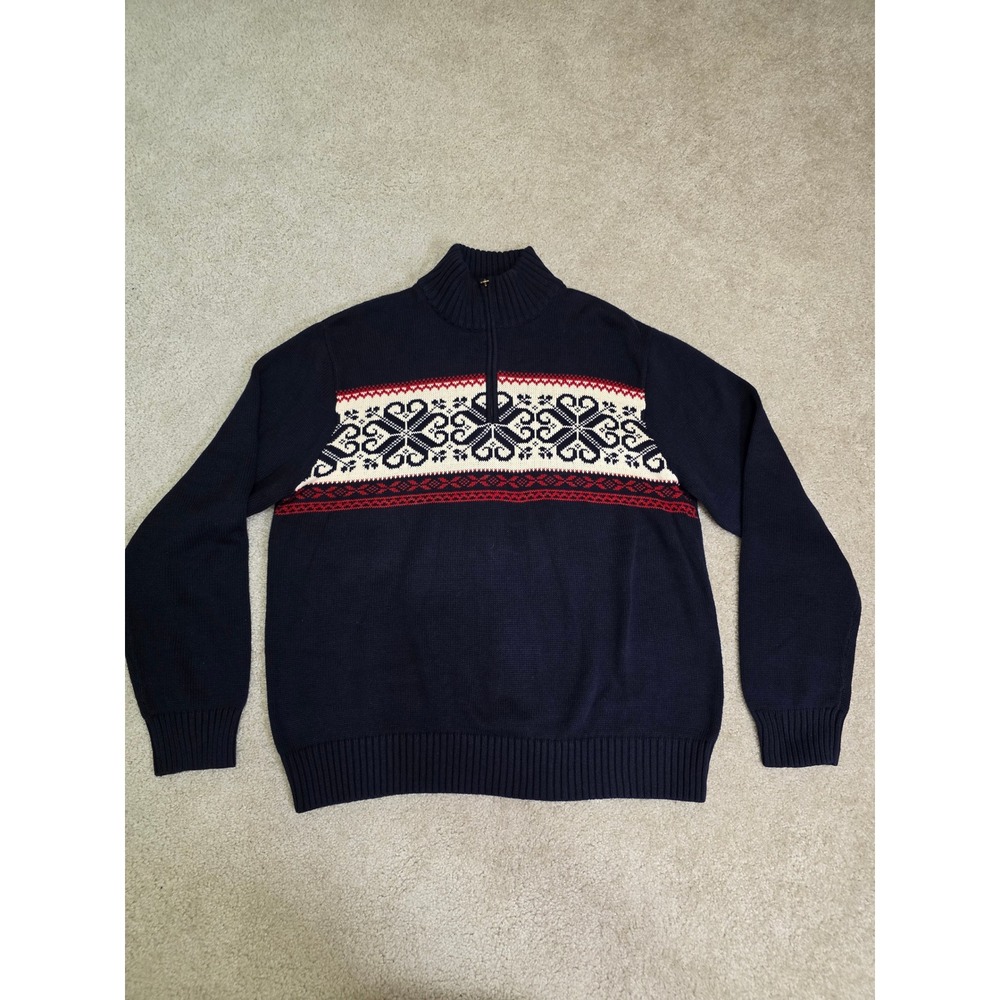 American Living Mens XXL Navy Blue Fair Isle Nordic 1/4 Zip Cotton Sweater NWT